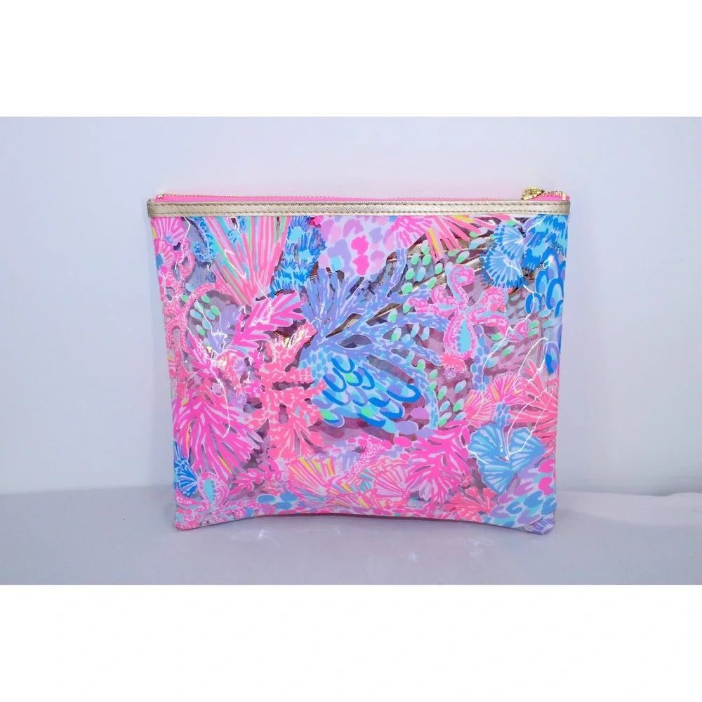 Lilly Pulitzer Pink Blue Coral Reef Clear Vinyl Cosmetic Makeup Pouch Bag